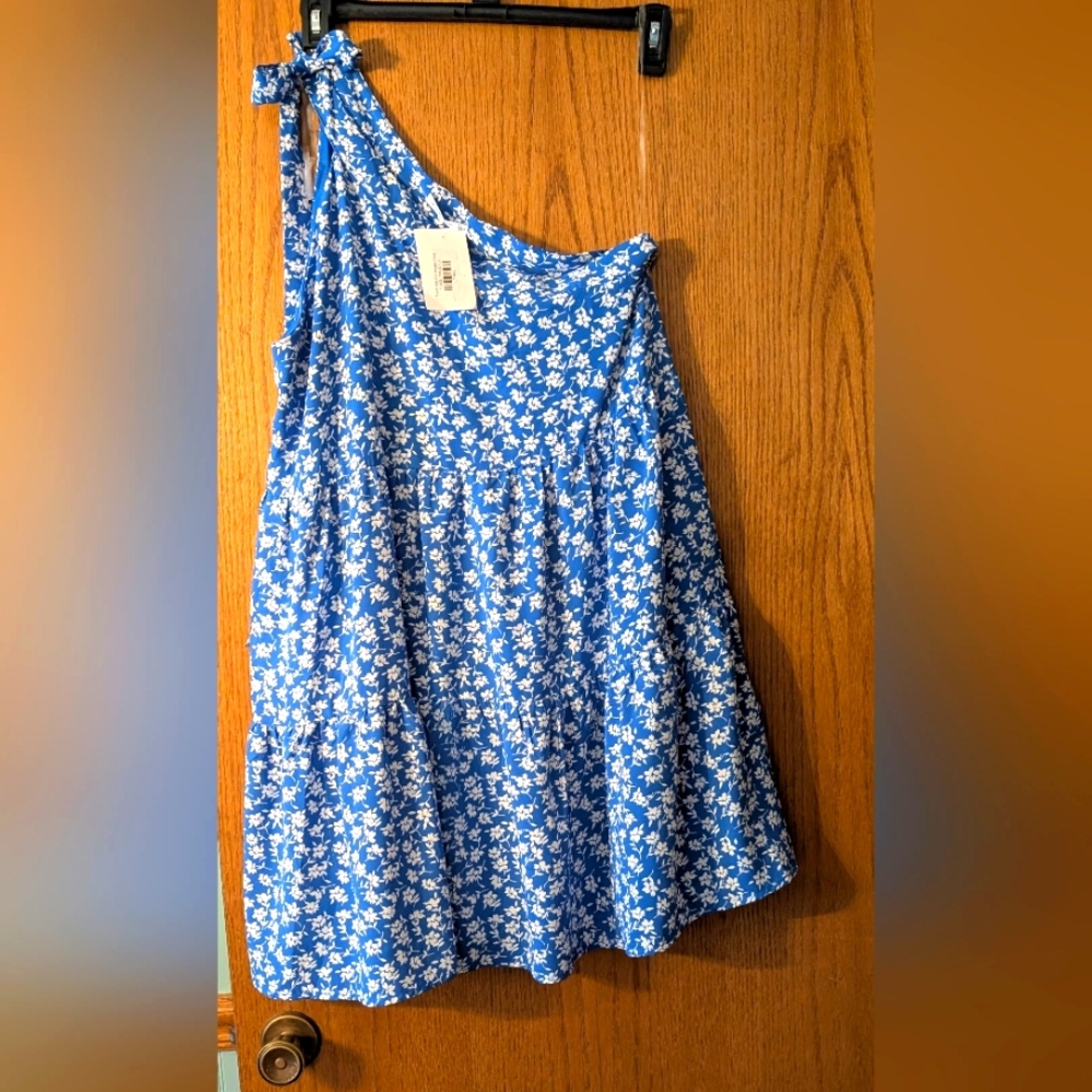 Blue Floral One-Shoulder Dress Size Large Just Above Knee